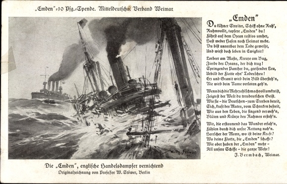 Artist PC Stöwer, Willy, German warship, SMS Emden, small cruiser, poem
