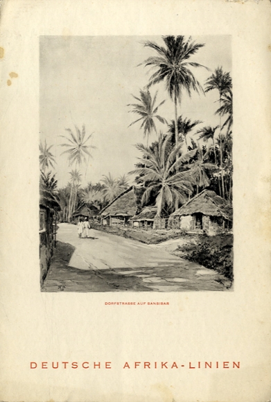 Künstler Menükarte H K, Dampfer Ussukuma, 5. Februar 1936, Hauptmahlzeit, Dorfstraße Sansibar