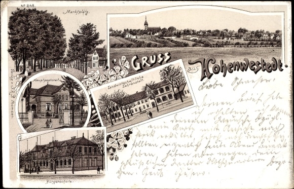 Chromo-Litho Hohenwestedt in Schleswig Holstein, market square, main pastorate, agricultural. educational establishment