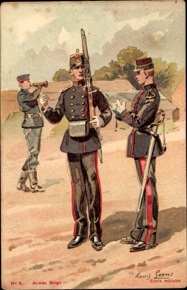 Artist Postcard Geens, Louis, Ecole miitaire, Belgian soldiers