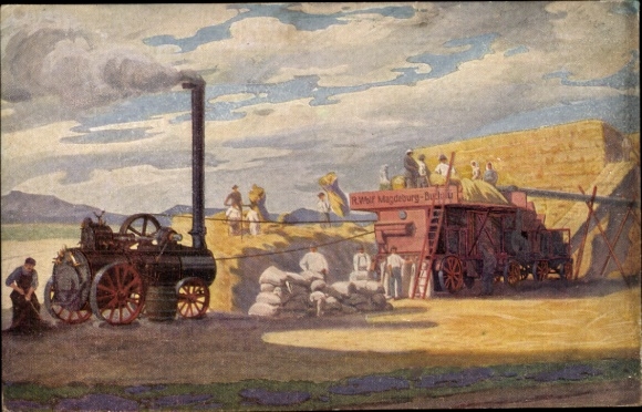 Artist Postcard Agriculture, Steam-powered threshing machine, R. Wolf Magdeburg Buckau