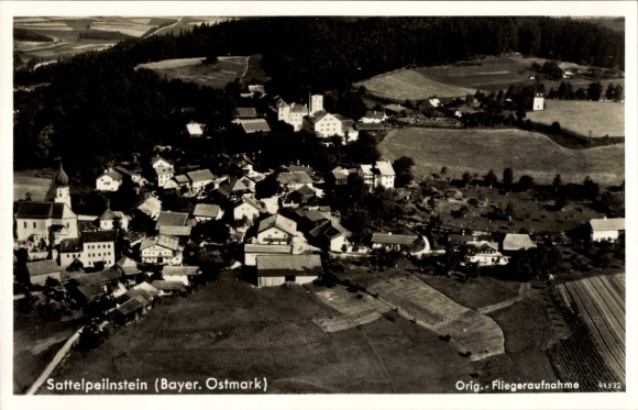 Postcard Sattelpeilnstein Traitsching in the Bavarian Forest, aerial photograph, Castle Brewery