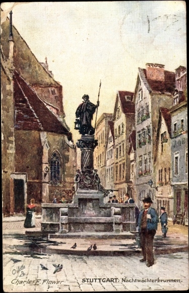 Artist PC Flower, Charles, Stuttgart, night watchman fountain, Tuck 653 B
