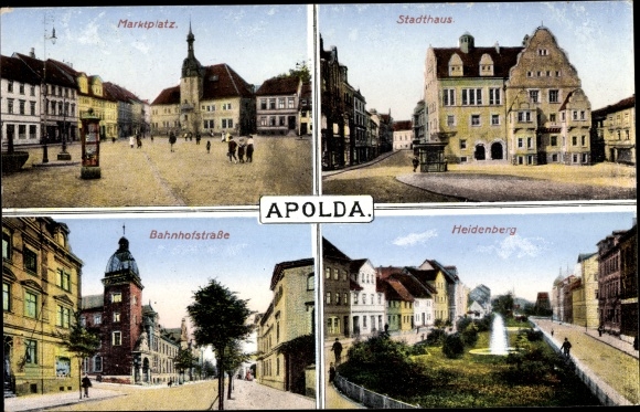 Postcard Apolda in Thuringia, market square, town hall, Bahnhofstrasse, Heidenberg