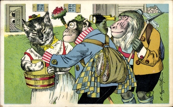Artist Chromo-Litho Meggendorfer, Humanized Animals, Monkeys, Cat, Lovers