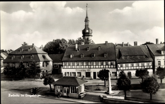 Postcard Zwönitz in the Erzgebirge of Saxony, bakery, church tower
