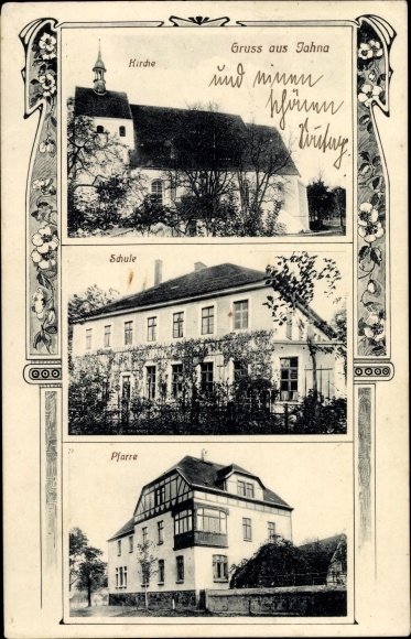 Jugendstil Ak Jahna Ostrau in Sachsen, Kirche, Schule, Pfarre