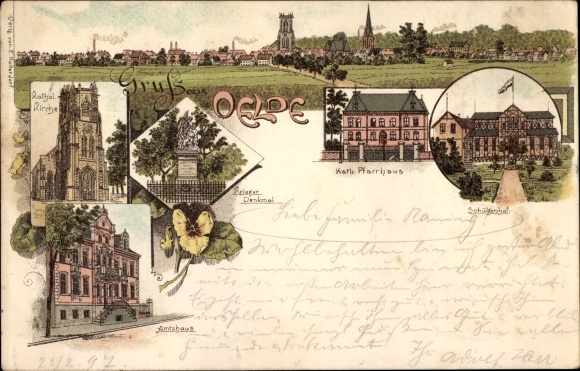 litho Oelde in Münsterland, pastorie, Schützenhof, oorlogsmonument, kerk, kantoorgebouw