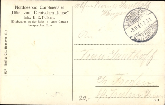 Postcard North Sea resort Carolinensiel Wittmund in East Frisia, Hotel zum Deutschen Hause, harbor