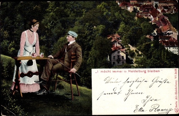 Postcard I would like to stay in Heidelberg forever, traditional costumes, view of the city, student
