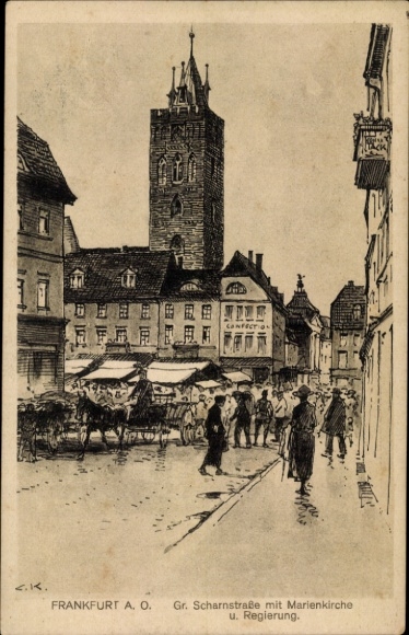 Artist Postcard Frankfurt an der Oder, Große Scharnstraße with St. Mary's Church and government