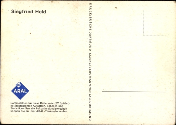 Postcard soccer player Siegfried Held with soccer ball, Borussia Dortmund, Aral collection picture