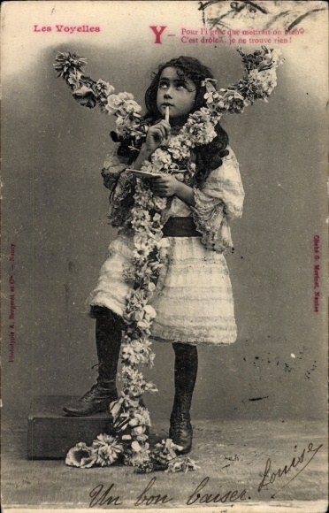 letters Postcard Y, girl portrait, flowers