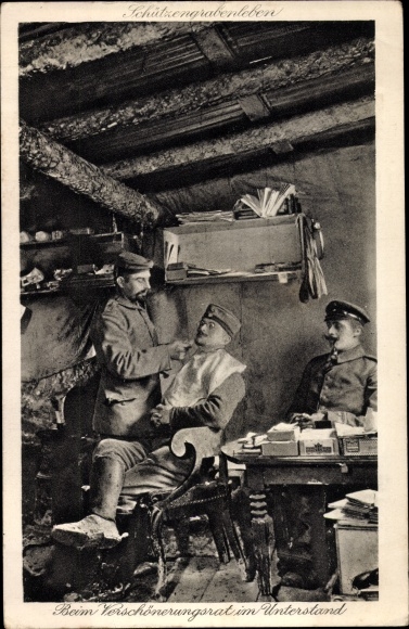 Postcard At the beautification council in the dugout, soldier is shaved, I. WW