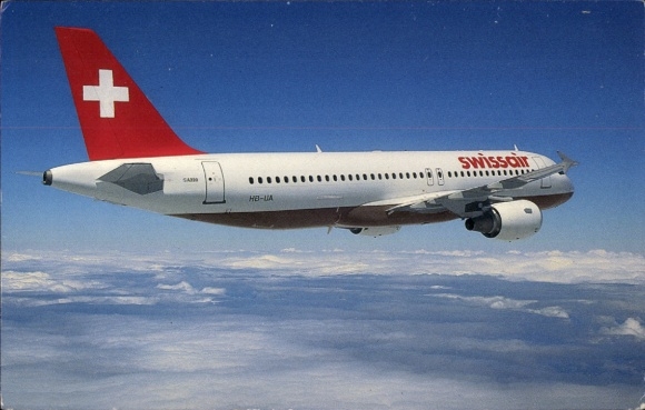 Postcard passenger aircraft Swissair, Airbus A320 in flight