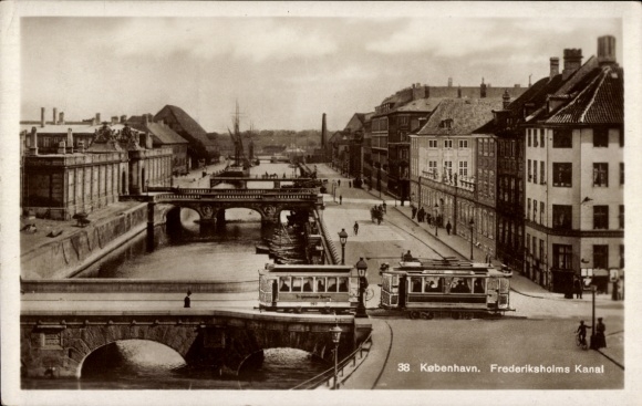 Postcard Copenhagen Denmark, Frederiksholms Canal, tram, bridges