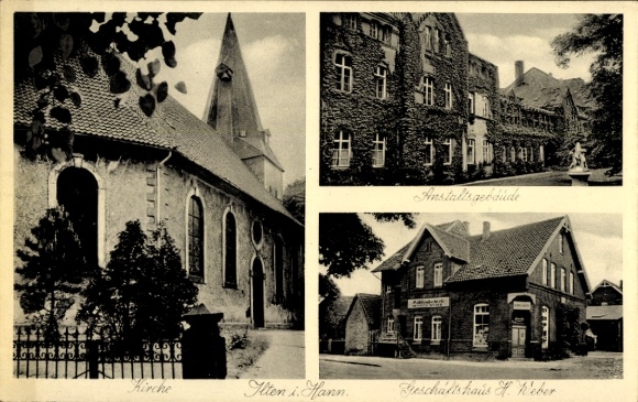 Postcard Ilten Sehnde in Lower Saxony, church, institution building, Weber commercial building