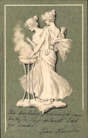 Art Nouveau Postcard Two women standing around a tripod, fortune tellers