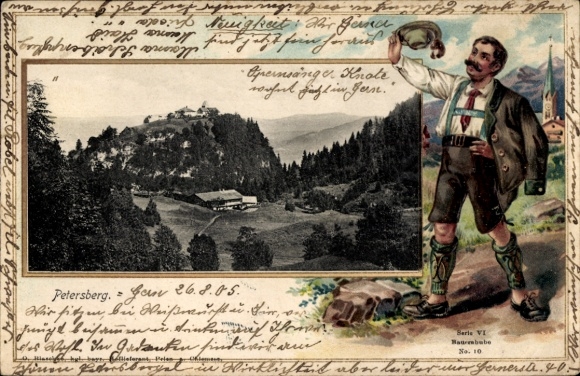 Ak Petersberg im Saalekreis, Landschaft mit  Mann in Tracht, Postkarte mit Text