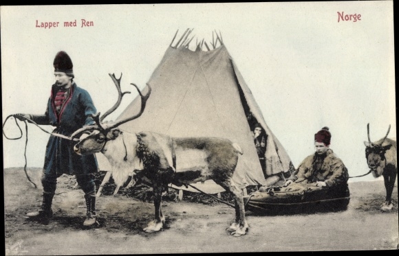 Postcard Norway, Lapper med Ren, Laplanders with reindeer, sleigh, tent