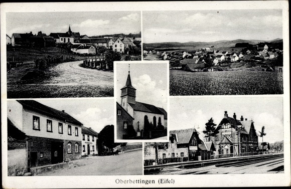 Ak Oberbettingen in der Eifel, Bahnhof, Gleisseite, Gasthaus zur Linde, Kirche, Totalansicht