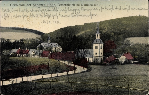Postcard Dürrröhrsdorf Dittersbach Saxony, beautiful height, church, panorama of the place
