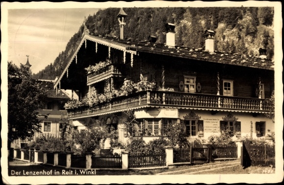 Postcard Reit im Winkl in the Traunstein district of Upper Bavaria, view of the Lenzenhof