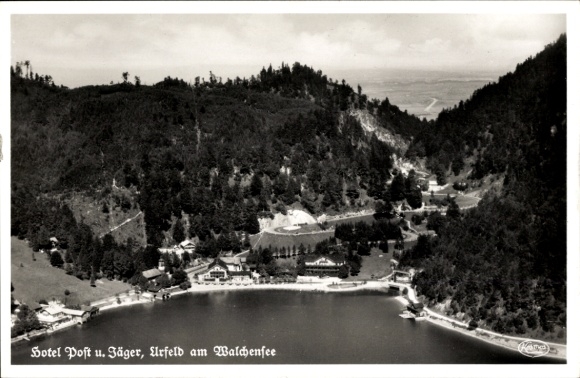 Postcard Urfeld am Walchensee Kochel am See, aerial photograph, Hotel Post and Jäger