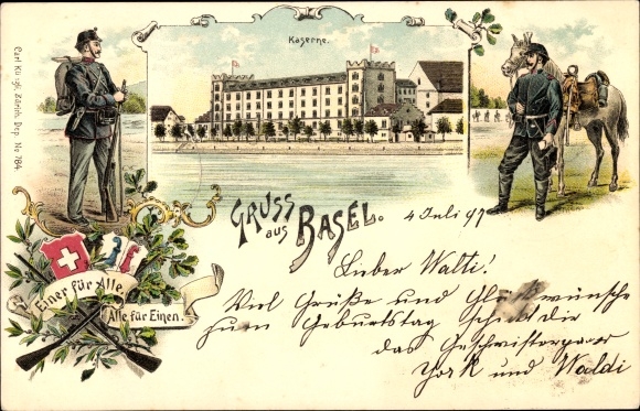 Chromo-Litho Basel city Switzerland, barracks, soldiers, one for all, all for one
