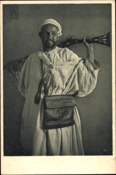 Postcard Morocco, Man in Robe, Soldier, Gun, Flower, Bag