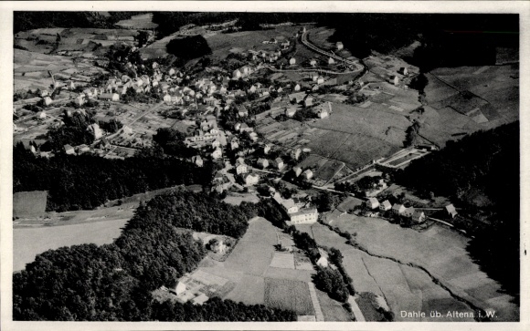 Postcard Dahle Altena in Sauerland, aerial view of houses, fields, forest