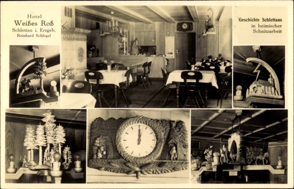 Ak Schlettau in het Ertsgebergte, Hotel Weisses Ross, eigenaar Reinhard Schlegel, houtsnijwerk, klok