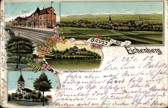 Litho Neu Eichenberg Hessen, Bahnhof, Totalansicht, Kirche, Carlsbrunnen, Rittergut Arnstein