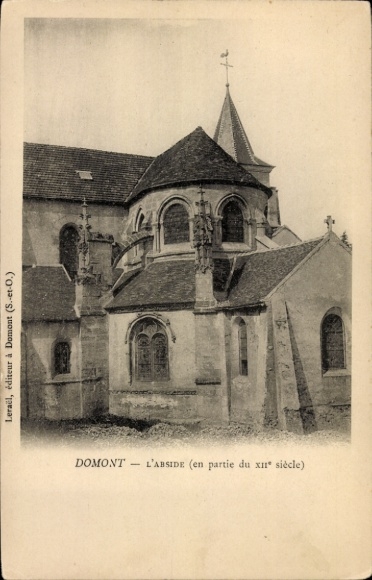 Ak Domont Val d'Oise, Schwarz-Weiß-Bild einer Kirche,  Abside, 12. Jahrhundert