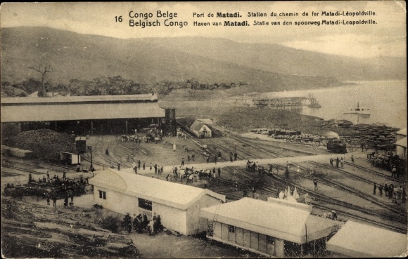 Postal stationery PC Matadi DR Congo Zaire, harbor, Matadi Leopoldville train station