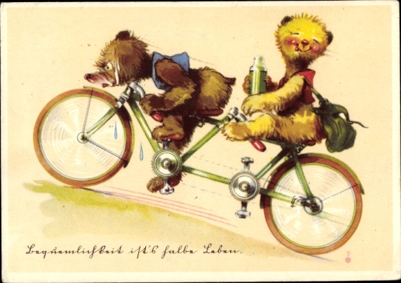 Artist Postcard Bears on a tandem, bicycle, teddy