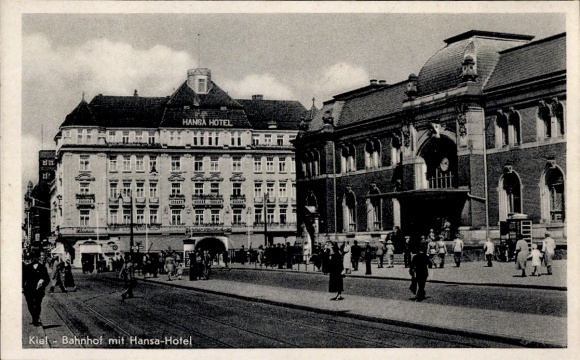 Postcard Kiel in Schleswig Holstein, train station with Hansa Hotel