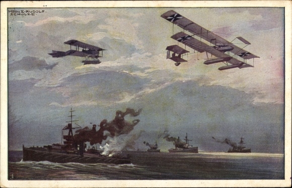 Artist PC Schulze, Hans Rudolf, German seaplanes over the English fleet, I. WW