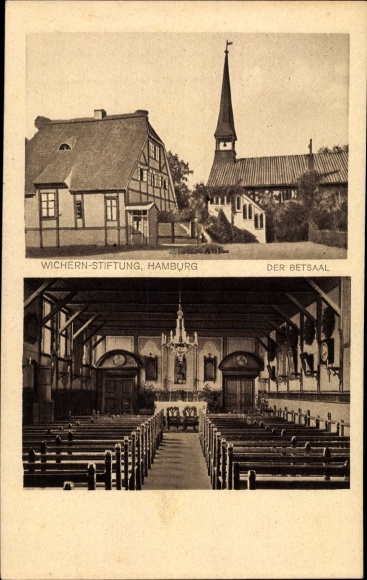 Postcard Hamburg, building of the Wichern Foundation, church, interior view of the prayer room