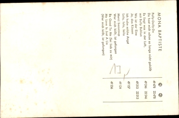 Postcard singer and actress Mona Baptiste, portrait, Polydor records, autograph