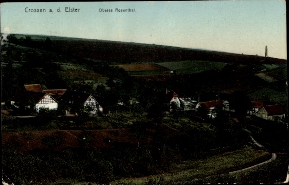 Ak Crossen an der Elster Thüringen, Landschaftsaufnahme, Häuser, Wald, Hügel, Oberes Rosenthal