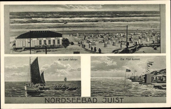 Postcard Nordseebad Juist in East Frisia, panorama, drive ashore, the tide is coming