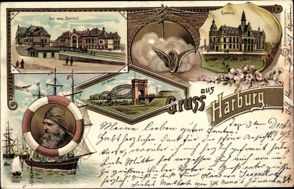 Chromo-Litho Hamburg Harburg, new train station, town hall, Elbe bridge, sailor