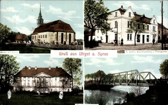 Postcard Uhyst an der Spree Boxberg Oberlausitz, church, school, grocery store, post office, bridge