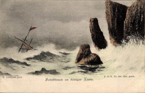 Artist Postcard Lissmann, H., Shipwreck on a rocky coast
