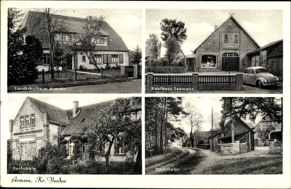 Postcard Armsen in Lower Saxony, country school home, department store Seemann, village school, village street