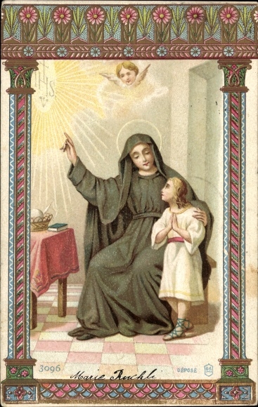 Passepartout Chromo-Litho Saints with child, angels, IHS, flowers