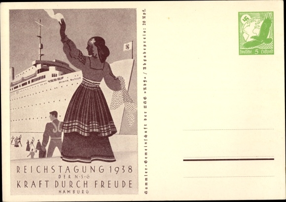 Postal stationery PC Hamburg, Reich meeting of the NSG KdF 1938, steamer Wilhelm Gustloff
