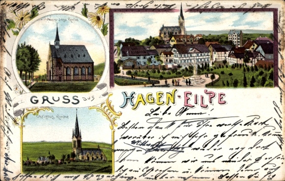 Litho Eilpe Hagen in Westfalen, Herz Jesu Kirche, Christus Kirche, Teilansicht der Stadt