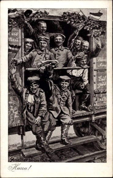 Artist PC Strieffler, Hooray, German soldiers drive out, railway wagon, I. WW